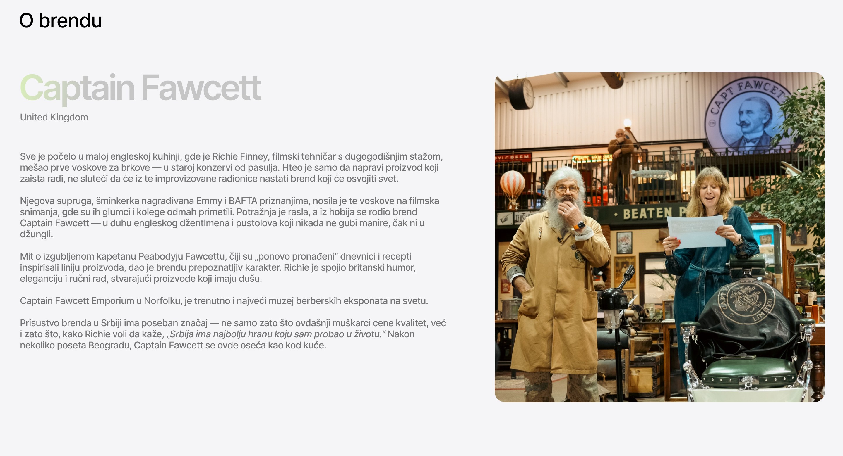 O brendu — the Captain Fawcett origin story told as an editorial on the product page