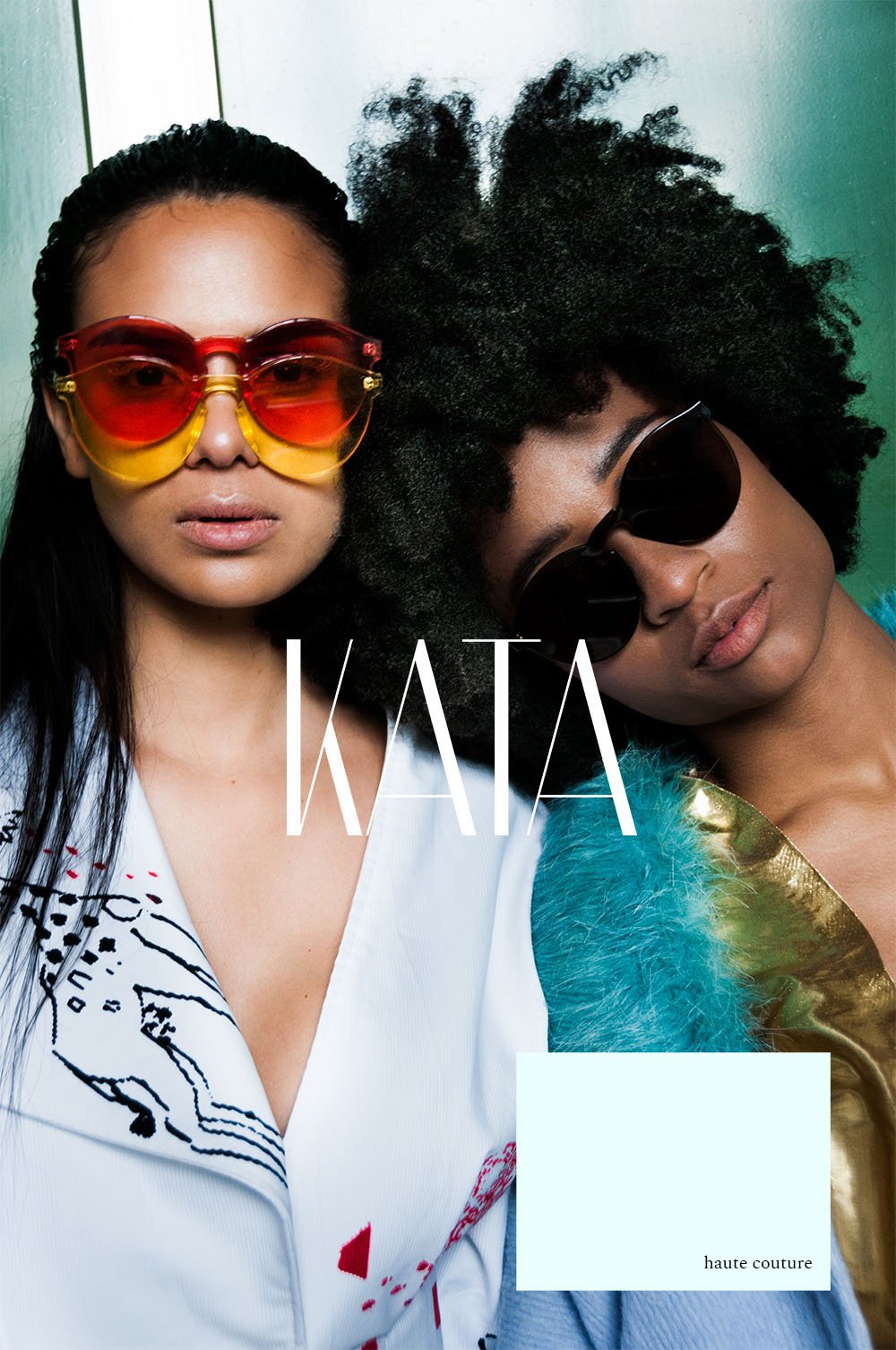 KATA cover — two models in gradient sunglasses, the KATA wordmark set across the frame, pale blue caption swatch
