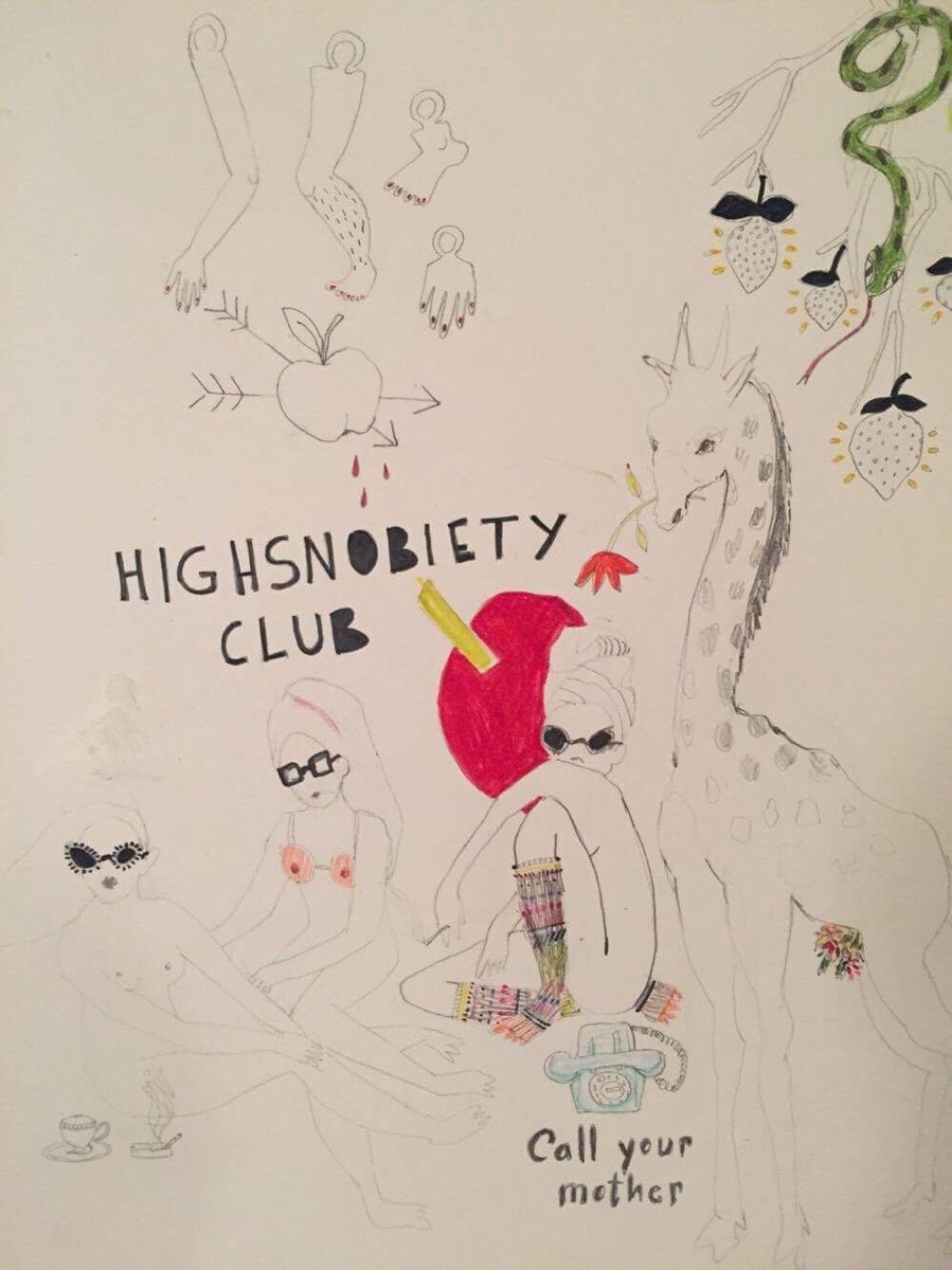 Sketchbook page — Highsnobiety Club: hand-drawn figures, a giraffe, an apple pierced by an arrow, 'call your mother'