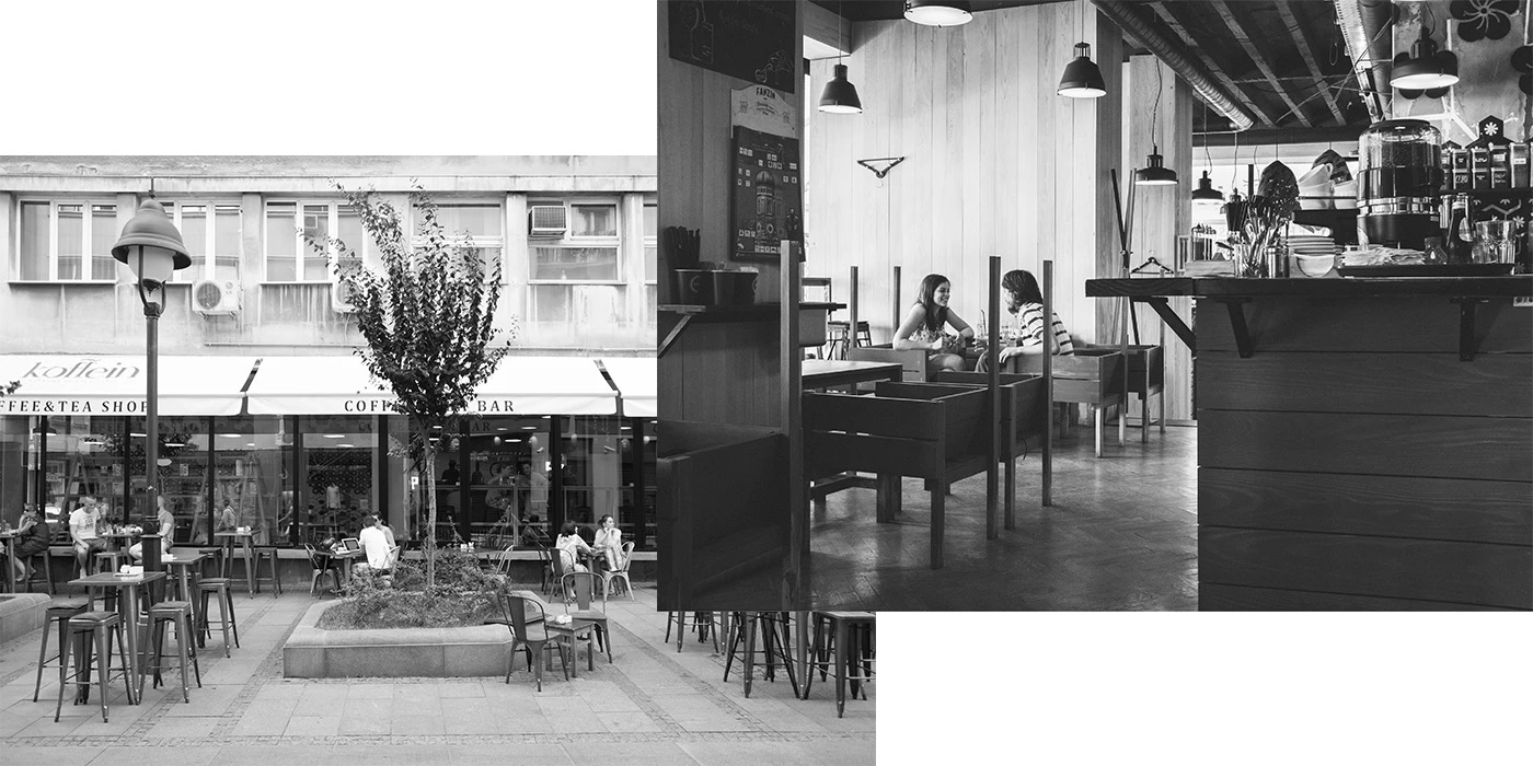 Koffein storefront exterior and wood-clad interior with custom booth seating