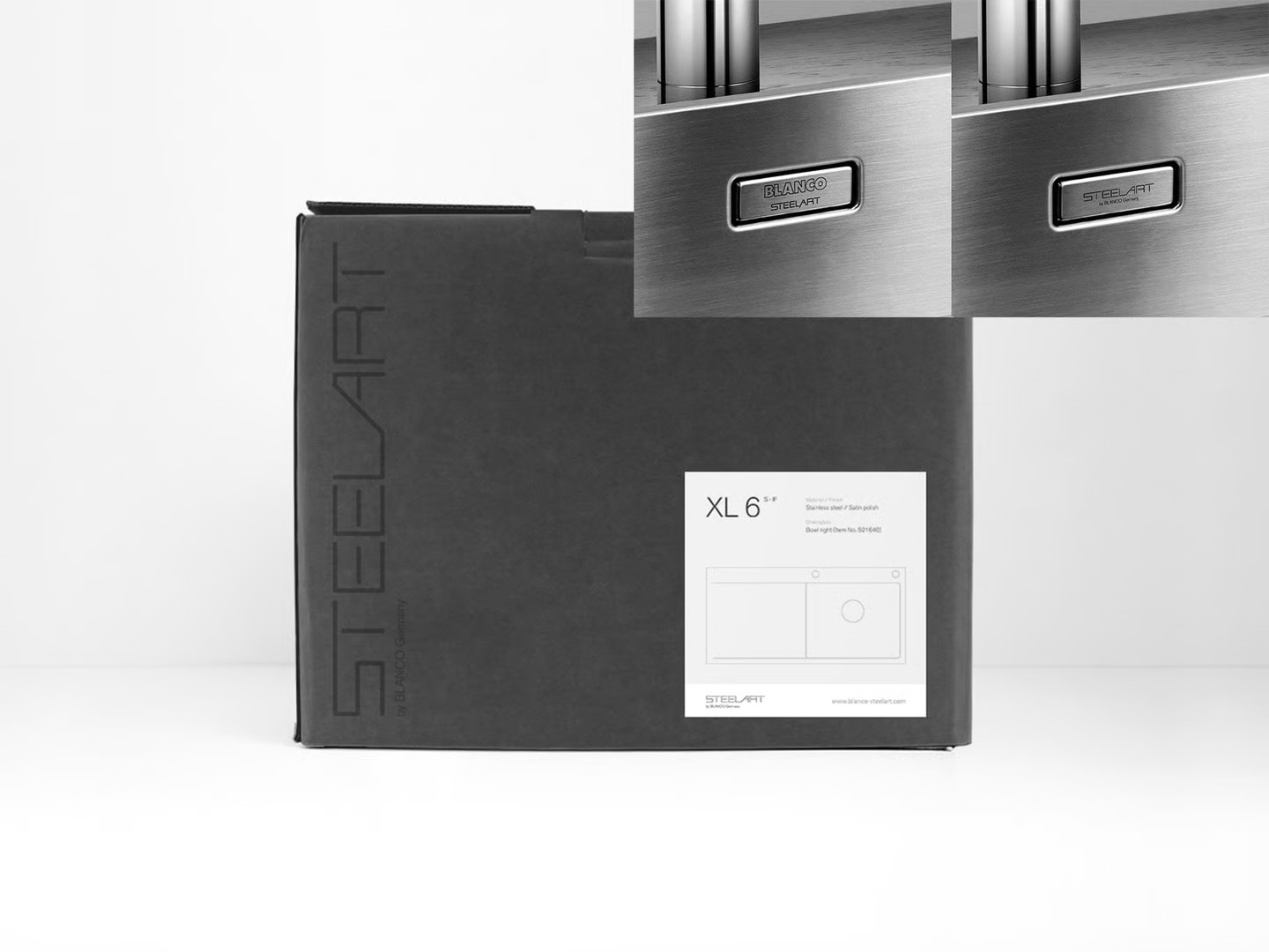 SteelArt physical collateral: a matte black shipping carton with STEELART running vertically down its side and an XL 6 spec label, next to close-ups of the old BLANCO-led steel badge and the new STEELART-led badge pressed into brushed sink steel