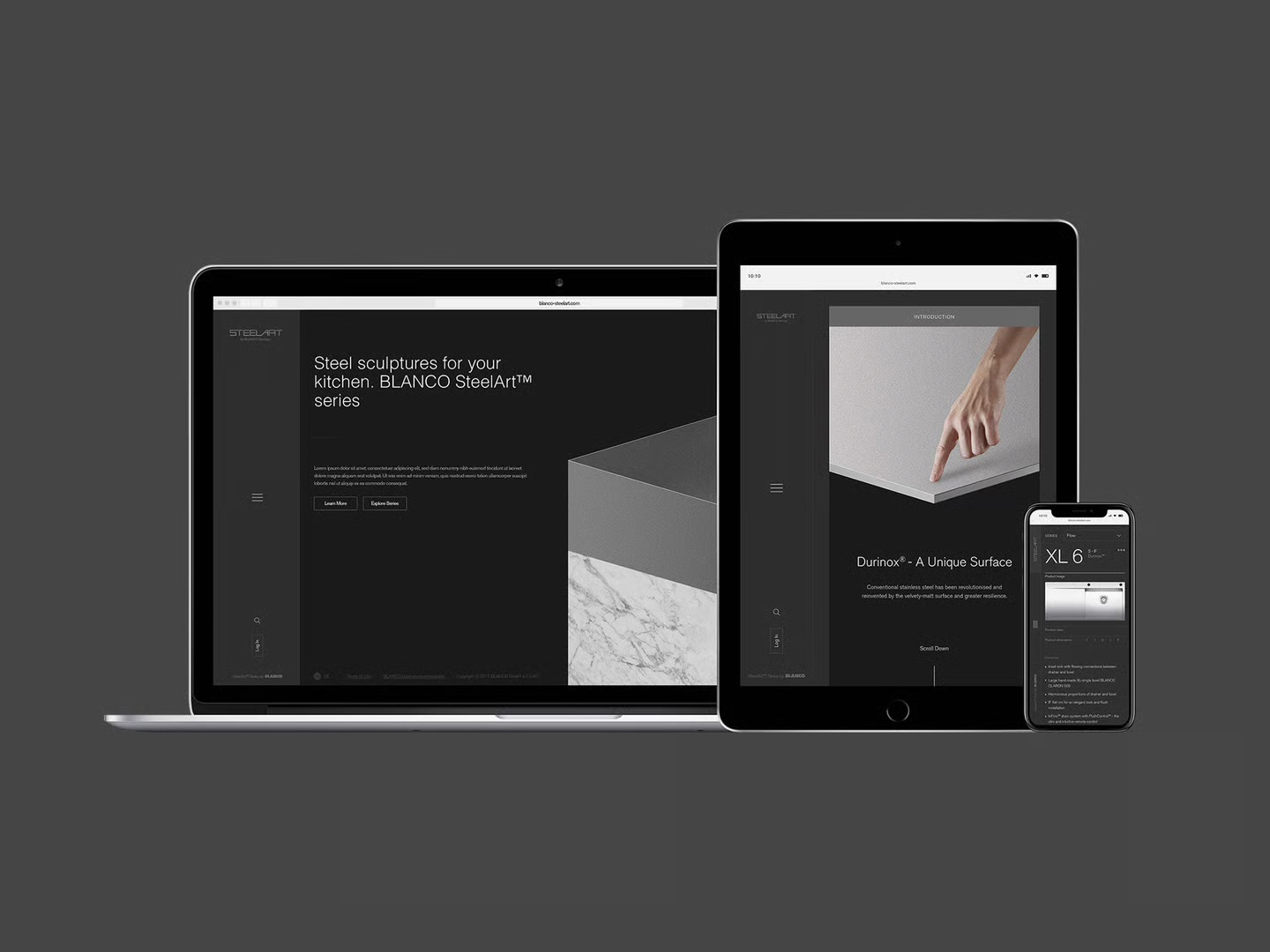 SteelArt website concept shown across a laptop, tablet and phone: 'Steel sculptures for your kitchen' homepage on the laptop, the Durinox introduction on the tablet, and an XL 6 product page on the phone