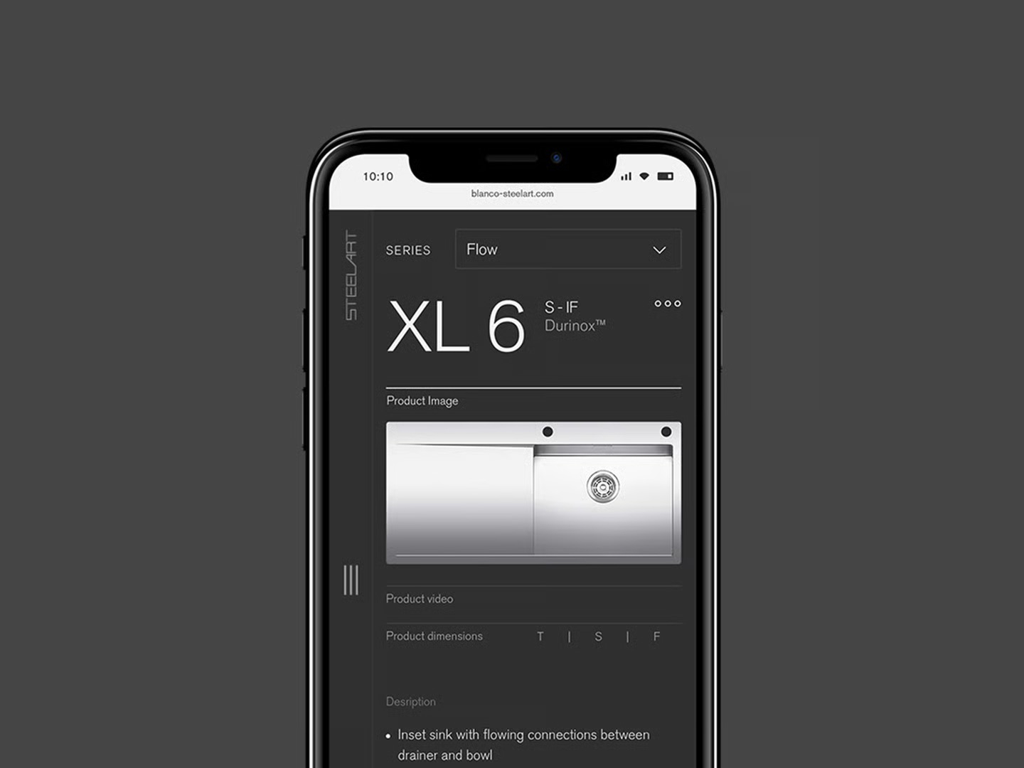 The SteelArt concept on a phone: the XL 6 S-IF Durinox product page with series picker, product image, dimensions and description, photographed on an iPhone