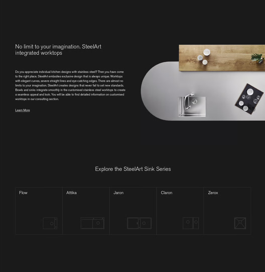 Integrated worktops page from the SteelArt concept: 'No limit to your imagination' beside a top-down photo of a seamless steel worktop, above a five-series explorer — Flow, Attika, Jaron, Claron, Zerox — drawn as thin line icons