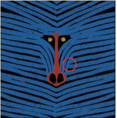 First hand-painted pass at the mandrill mark: cobalt and black chevron stripes with a red circle marking a shoulder stripe that breaks the pattern's flow